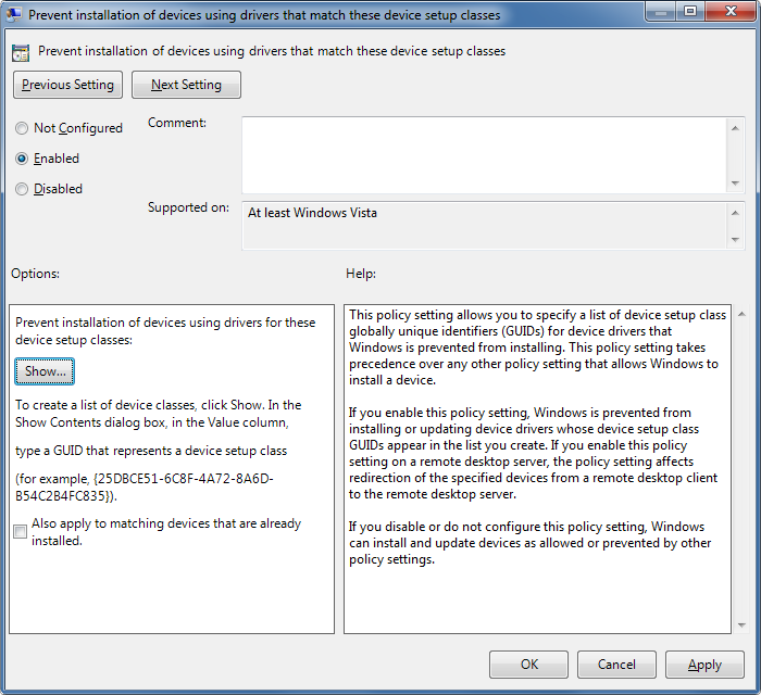 Policy: Prevent installation of devices using drivers that match these device setup classes