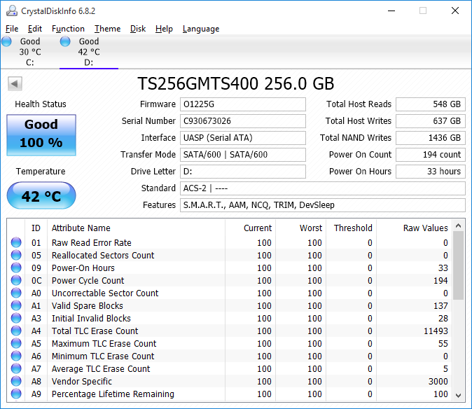 CrystalDiskInfo: Transcend TS256GMTS400 ASM1153E Generic USB3.0 UASP (Windows 10)