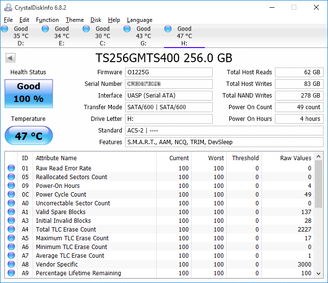 CrystalDiskInfo: Transcend TS256GMTS400 JMS578 USB3.0 UASP (Windows 10)